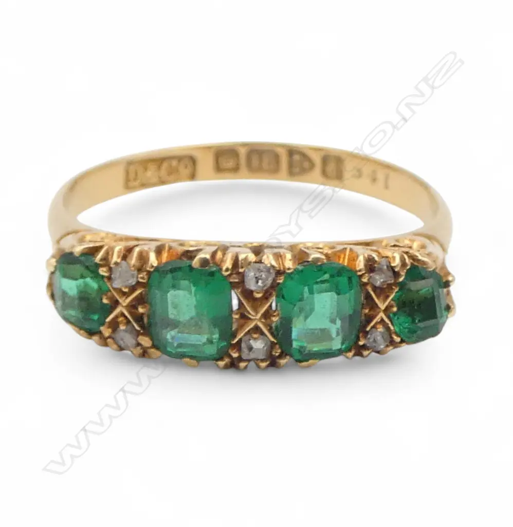 An Edwardian 18ct yellow gold emerald and diamond bridge ring, Image 1++