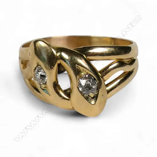 A Victorian 18ct gold and diamond headed snake ring,