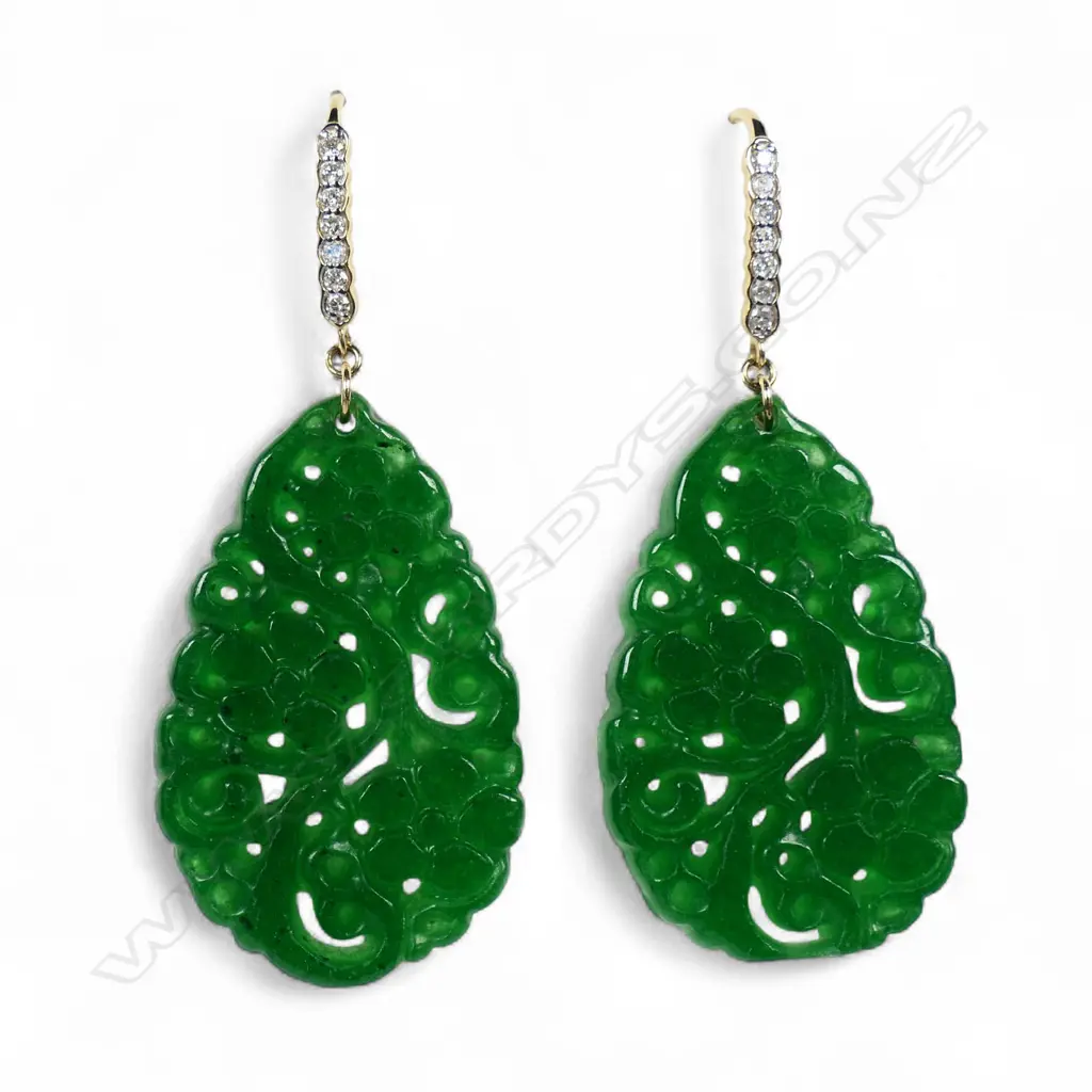 A pair of 14ct gold jade and diamond drop earrings, Image 1++