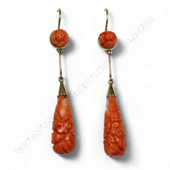 A pair of 9ct gold coral drop earrings,
