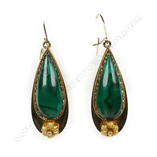 A pair of Victorian 9ct gold and malachite drop earrings,