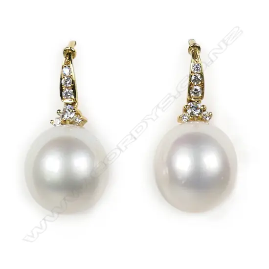 A pair of 18ct yellow gold freshwater pearl and diamond earrings,