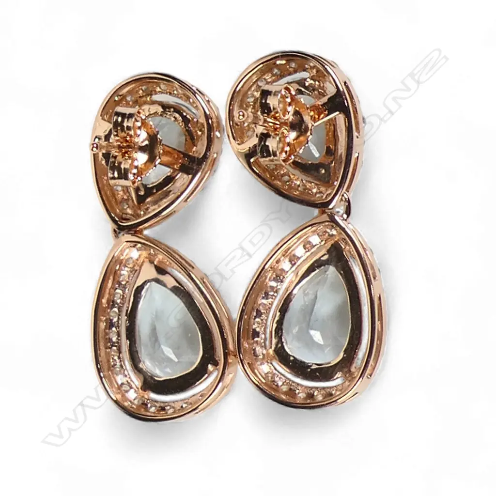 A pair of 14ct rose gold aquamarine and diamond halo drop earrings, Image 1++