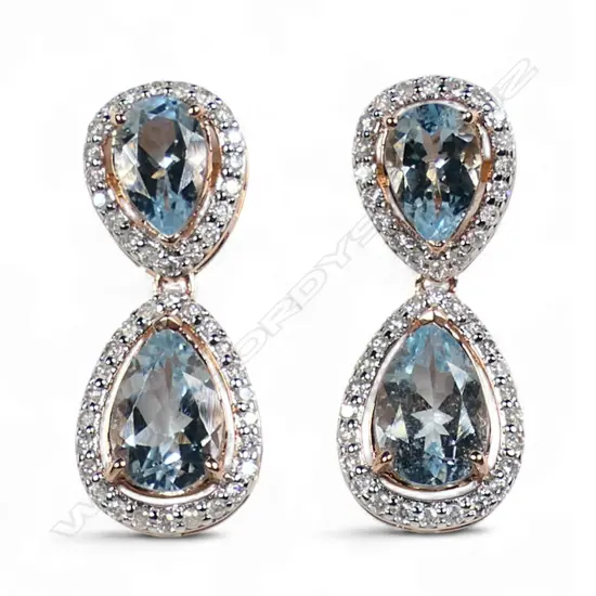 A pair of 14ct rose gold aquamarine and diamond halo drop earrings,