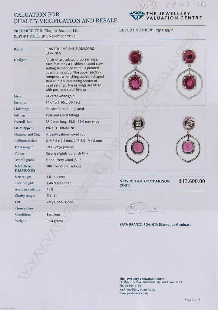 A pair of 18ct white gold diamond and pink tourmaline drop earrings, Image 1++