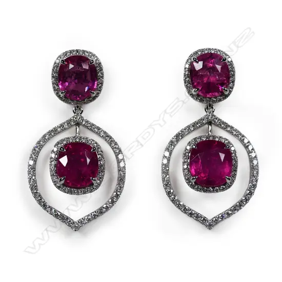 A pair of 18ct white gold diamond and pink tourmaline drop earrings,