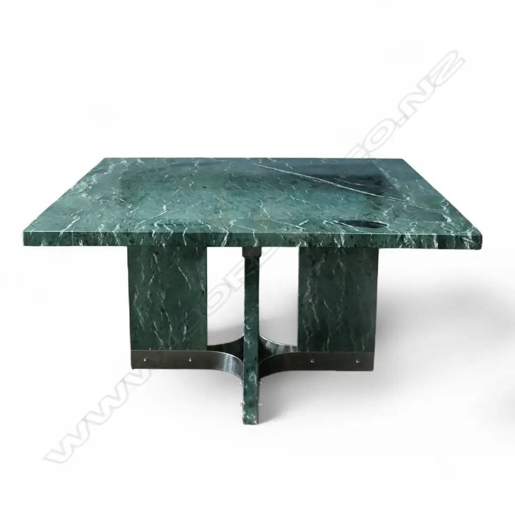 A stylish 1980/1990's Guatemalan green Alpe Verde and stainless steel dining table, Image 1++
