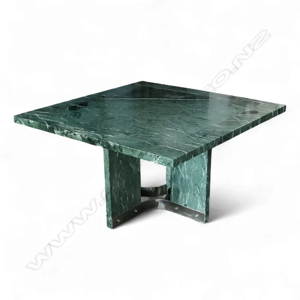 A stylish 1980/1990's Guatemalan green Alpe Verde and stainless steel dining table, Image 1++