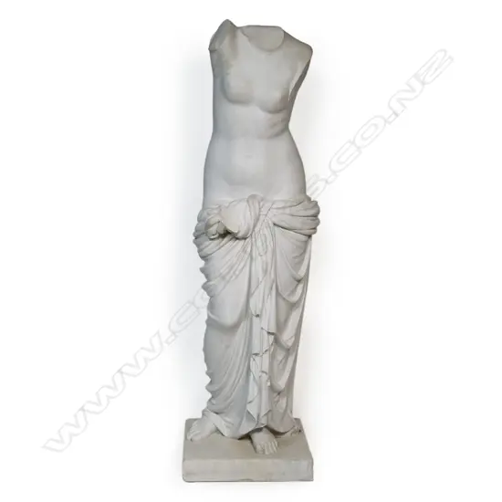 A white marble statue of a classical woman,