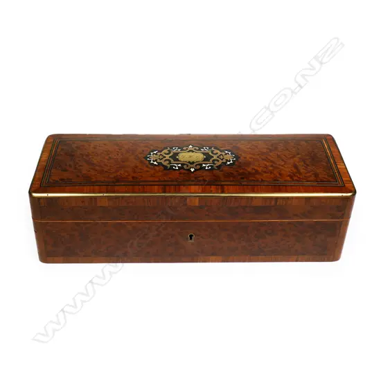 A quality Victorian amboyna wood and inlaid long jewel box,