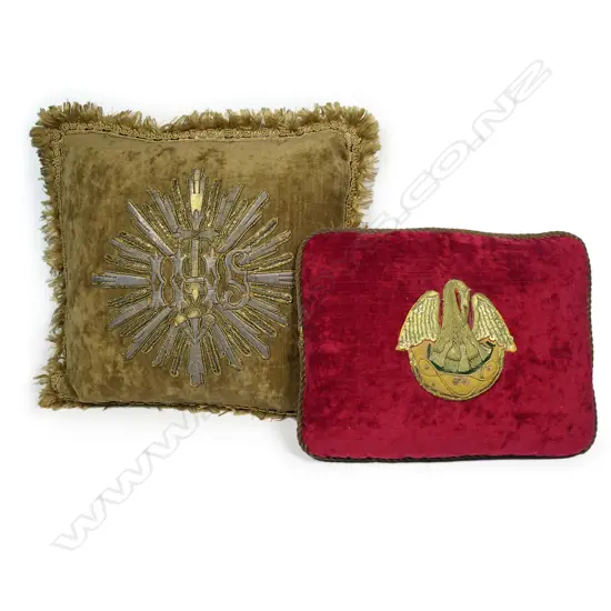 Two old ecclesiastical embroidered cushions,
