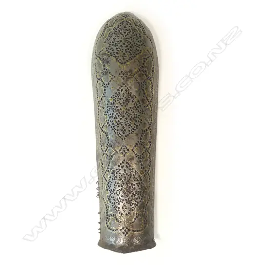 A 19thC Persian gilt damascene steel forearm armour (bazu-band),