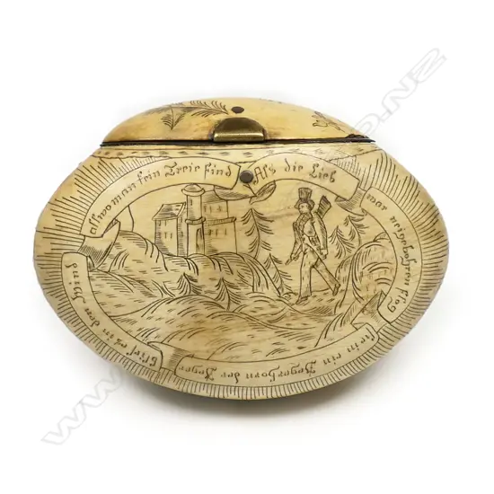 An uncommon scrimshaw bone snuff box,