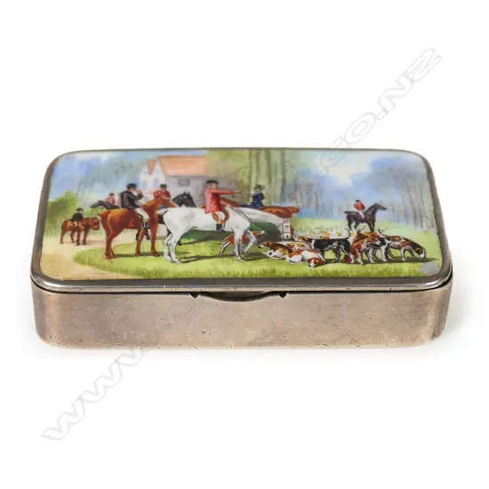 A rare Edwardian silver and hunting scene enamelled vesta,