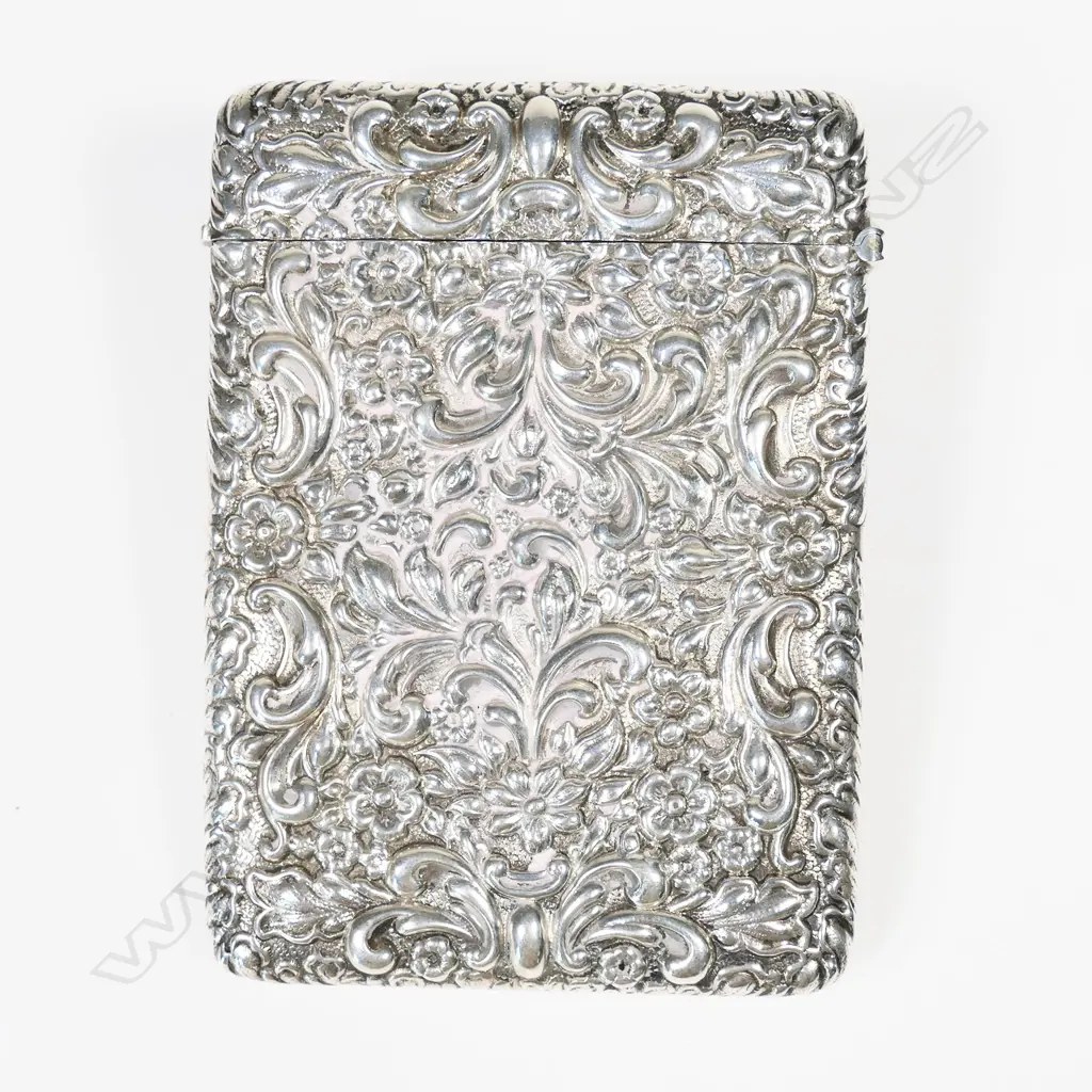 An Edwardian silver embossed quality card case in original Morocco leather box, Image 1++