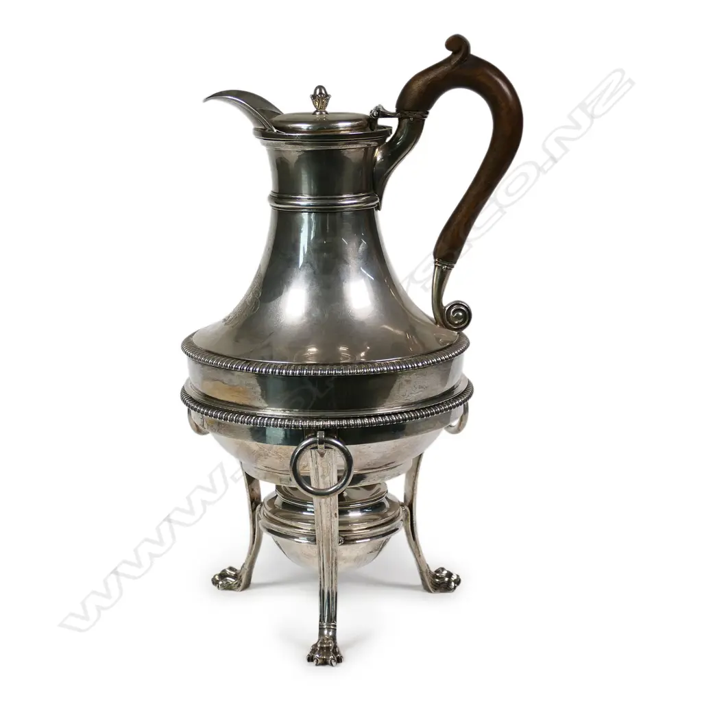 A George III silver hot water jug, stand and burner by Paul Storr, Image 1++