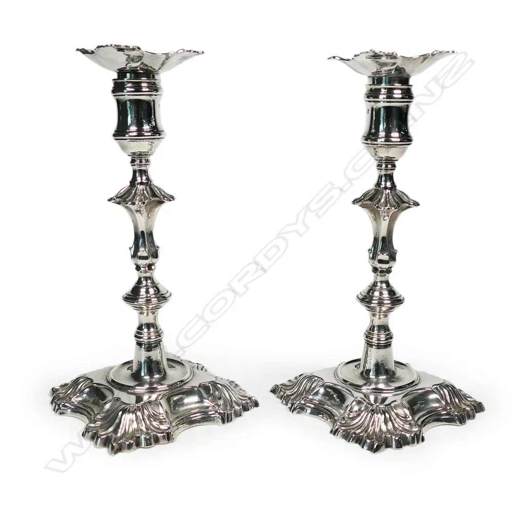 A pair of rare George II heavy cast silver candlesticks, Image 1++