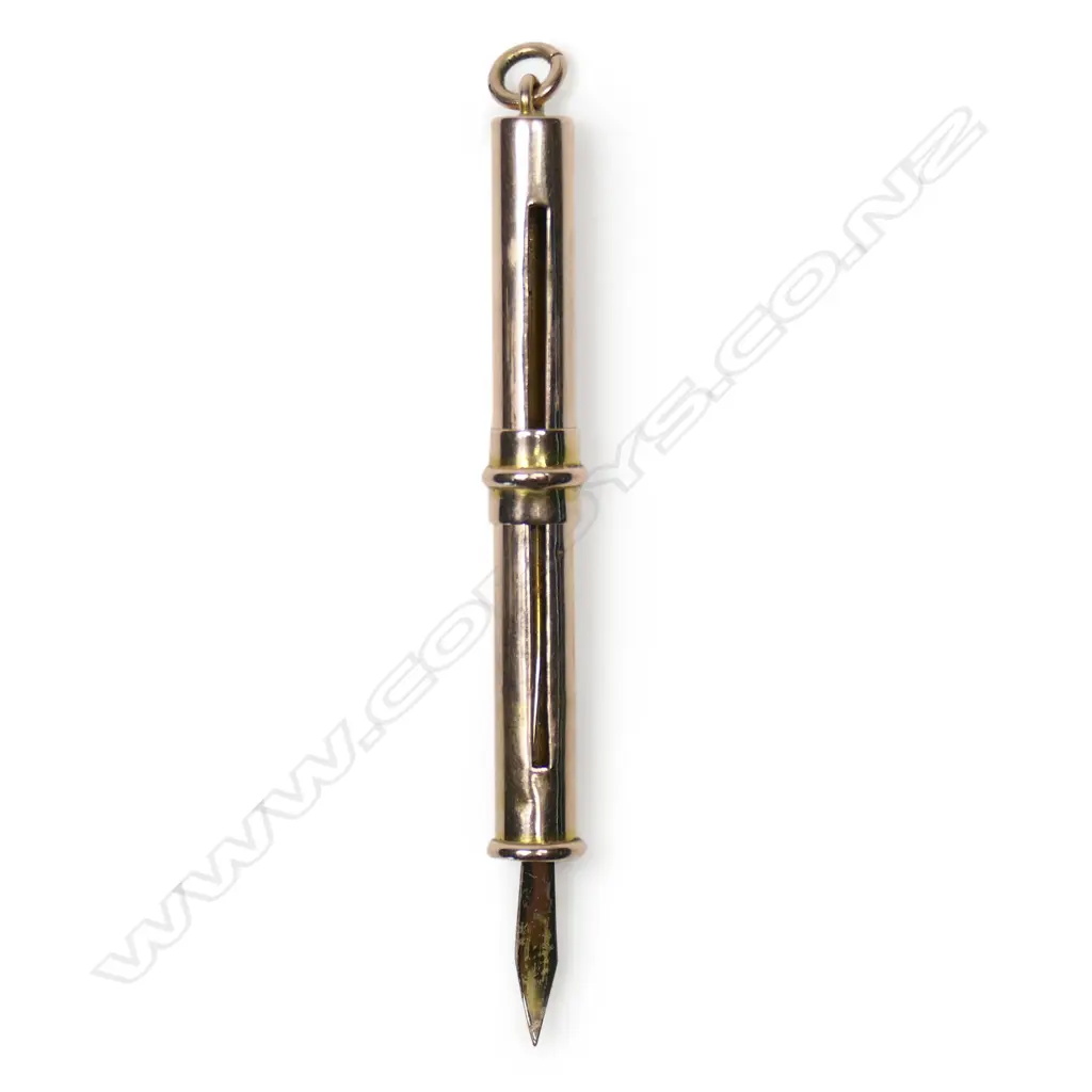 An Edwardian 9ct rose gold propelling tooth pick with sliding mechanism and suspension loop. 3.38gms. Image 1++