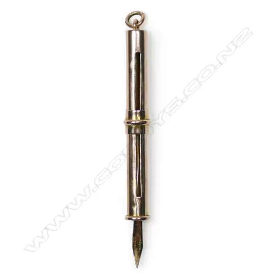 An Edwardian 9ct rose gold propelling tooth pick with sliding mechanism and suspension loop. 3.38gms.