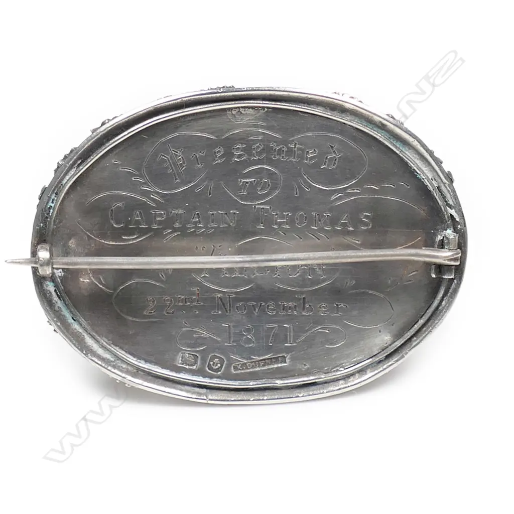 A rare New Zealand historical 1871 presentation silver whaling themed brooch, Image 1++