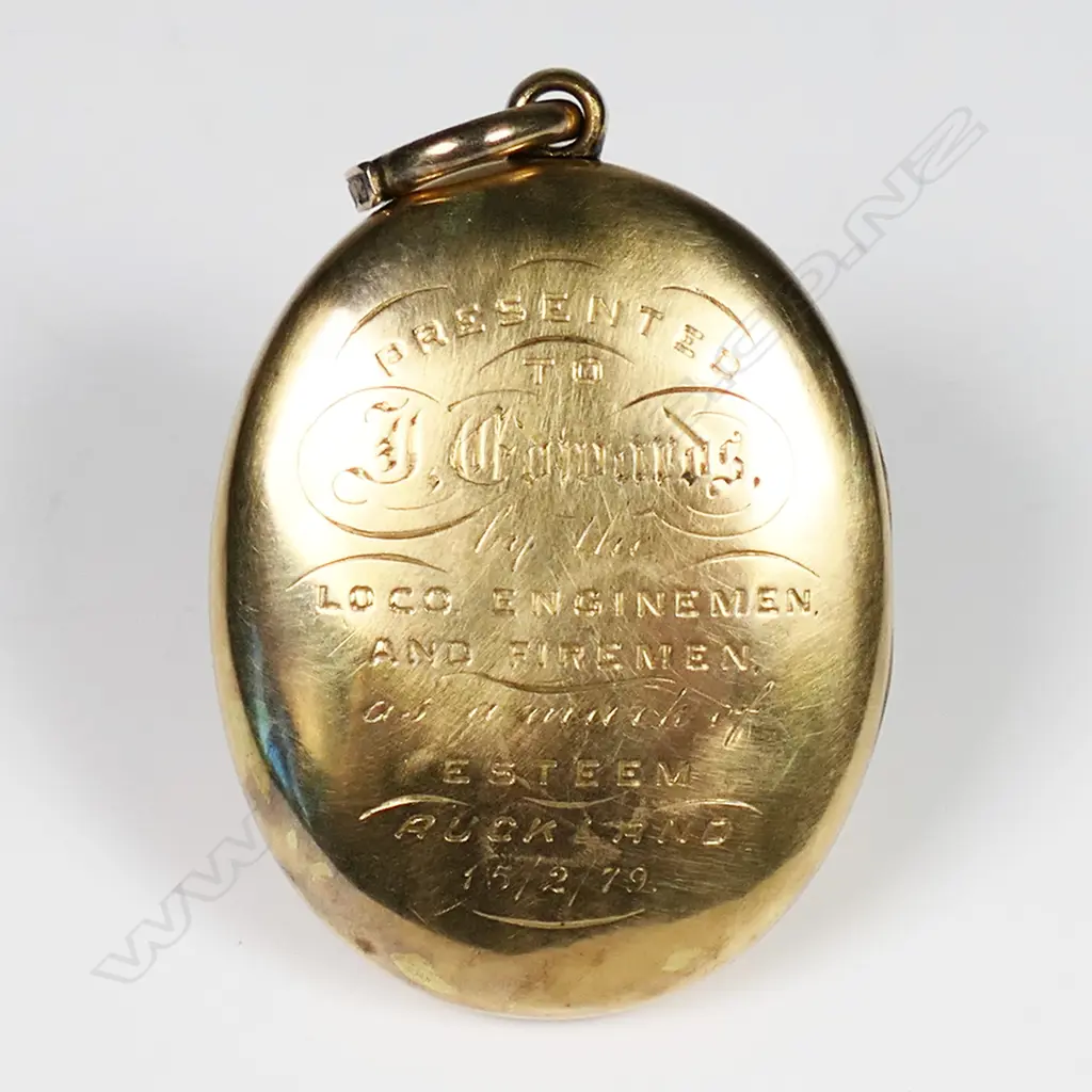 A rare 1879 New Zealand locomotive interest presentation 18ct yellow gold locket, Image 1++