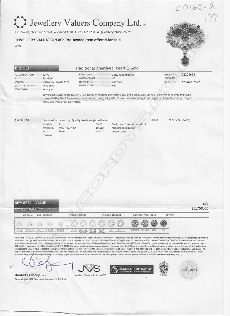 A 9ct gold amethyst and pearl antique style brooch, Image 1++