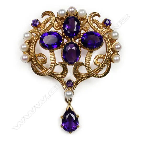 A 9ct gold amethyst and pearl antique style brooch,