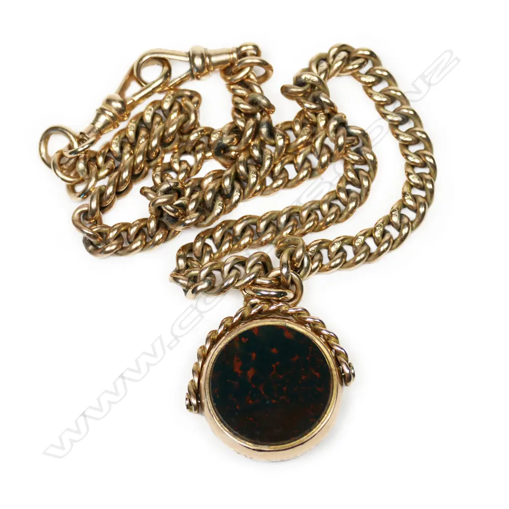 A c.1900 9ct yellow gold Albert chain with 9ct gold fob spinner, Image 1++
