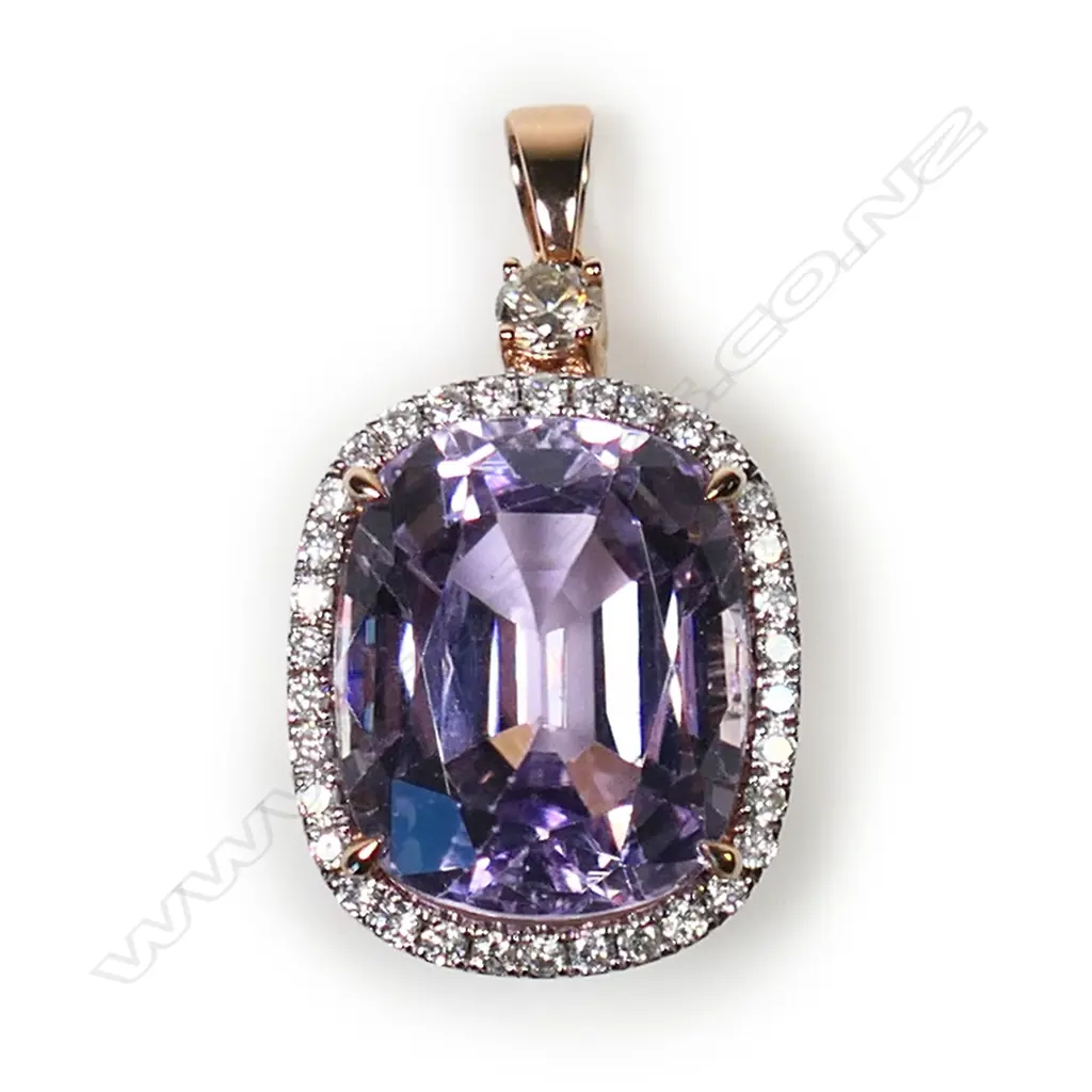 A 14ct rose gold kunzite and diamond halo pendant, Image 1++