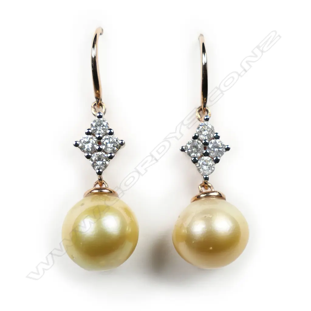 A pair of 14ct rose gold, South Sea cultured pearl and diamond antique style earrings, Image 1++