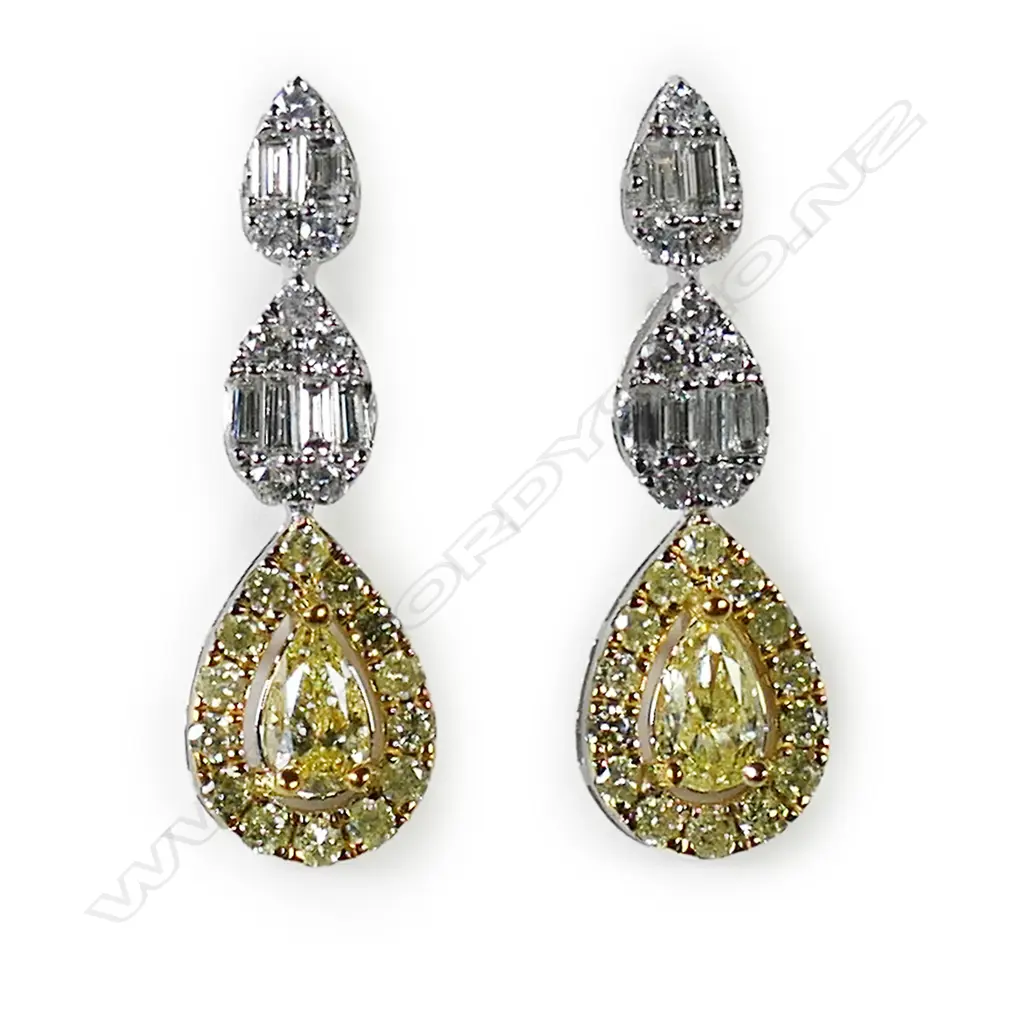 A pair of 18ct white gold and white and yellow diamond cluster drop earrings, Image 1++