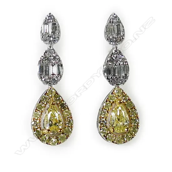 A pair of 18ct white gold and white and yellow diamond cluster drop earrings,