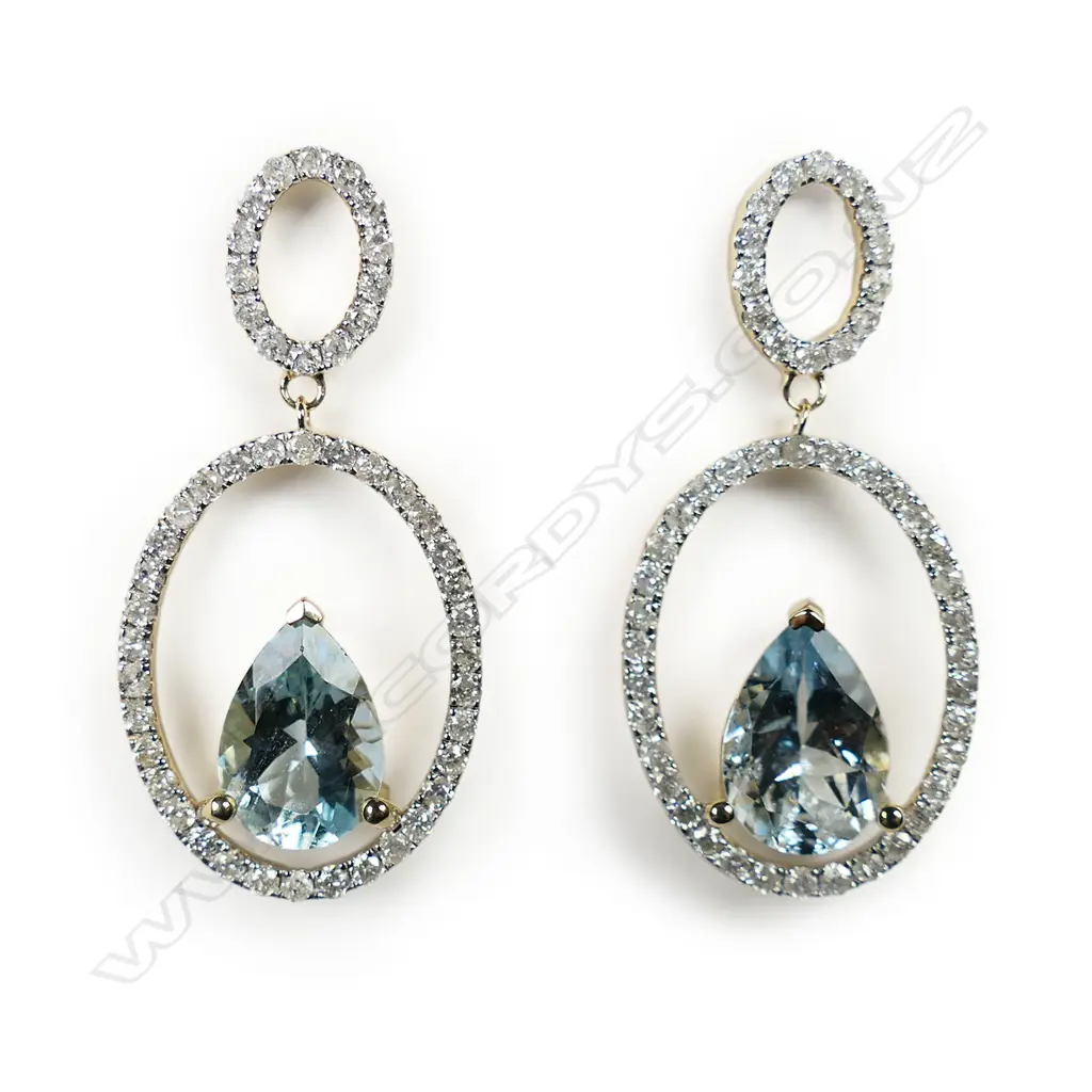 A pair of 14ct gold aquamarine and diamond double hoop earrings, Image 1++