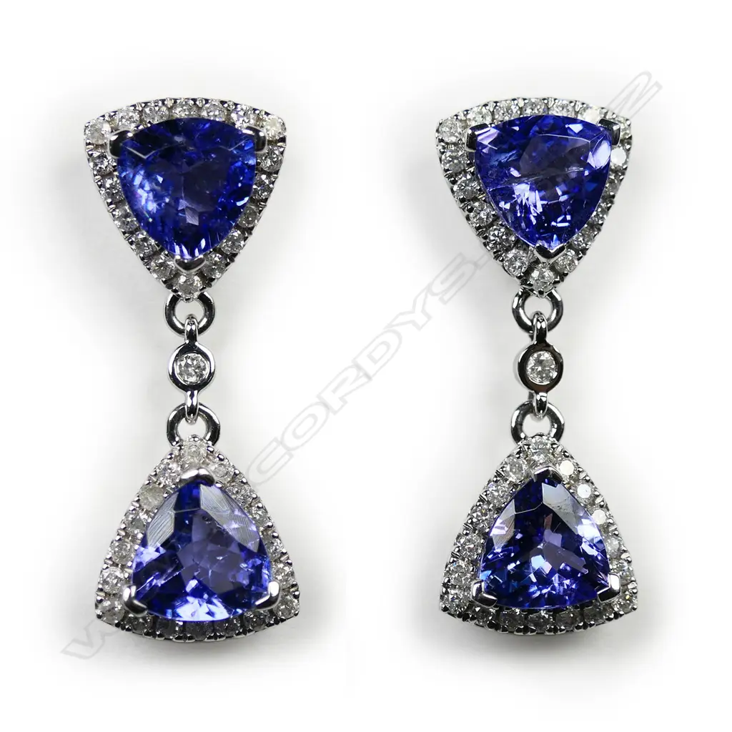 A pair of 14ct white gold tanzanite and diamond double drop halo earrings, Image 1++