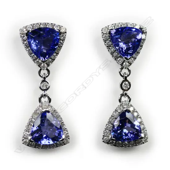 A pair of 14ct white gold tanzanite and diamond double drop halo earrings,