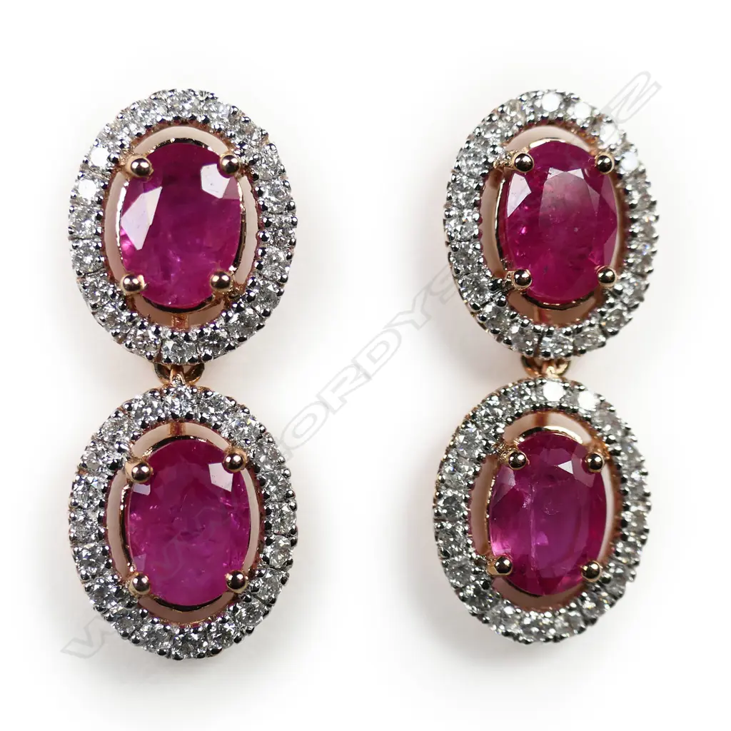 A pair of 14ct rose gold pink sapphire and diamond double drop earrings, Image 1++