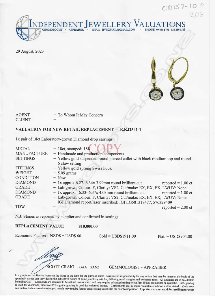 A pair of 18ct gold and diamond earrings, Image 1++