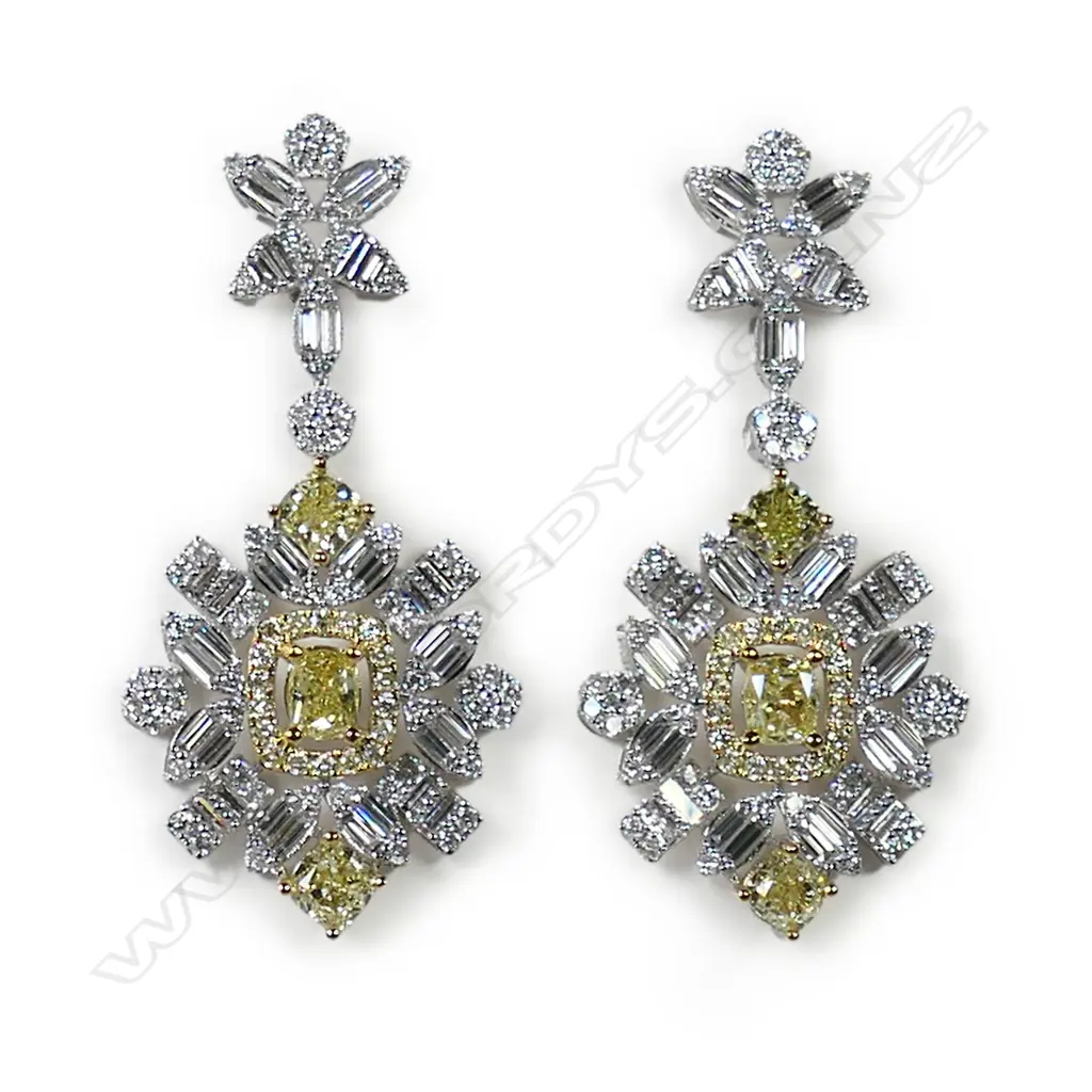 A pair of 18ct white gold and white and yellow diamond cluster drop earrings, Image 1++