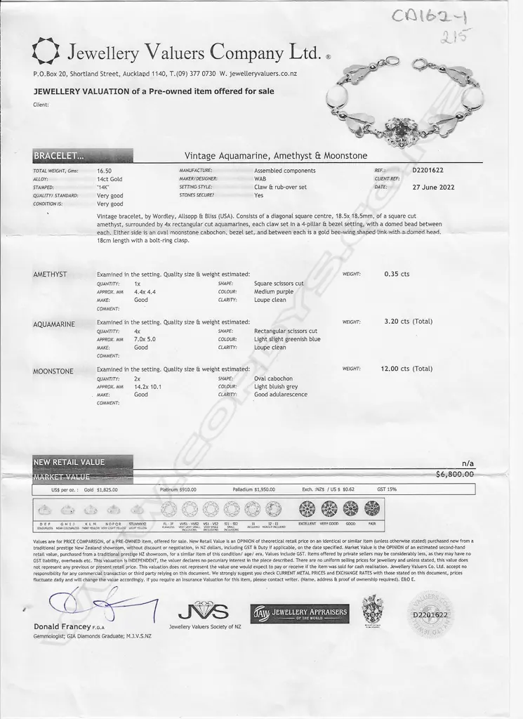 A 14ct gold moonstone, aquamarine and amethyst bracelet, Image 1++