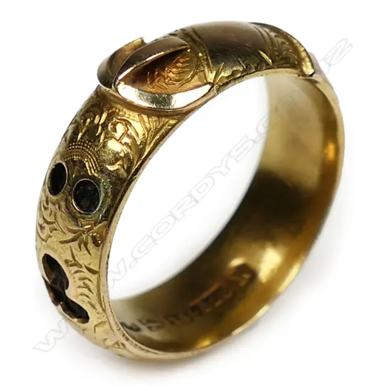 A late Victorian 15ct yellow gold mourning buckle ring,
