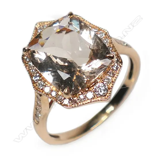 A 14ct rose gold morganite and diamond dress ring,