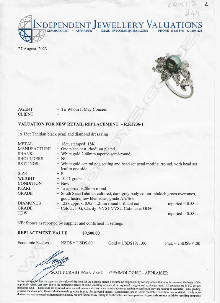 An 18ct white gold diamond and Tahitian pearl ring, Image 1++