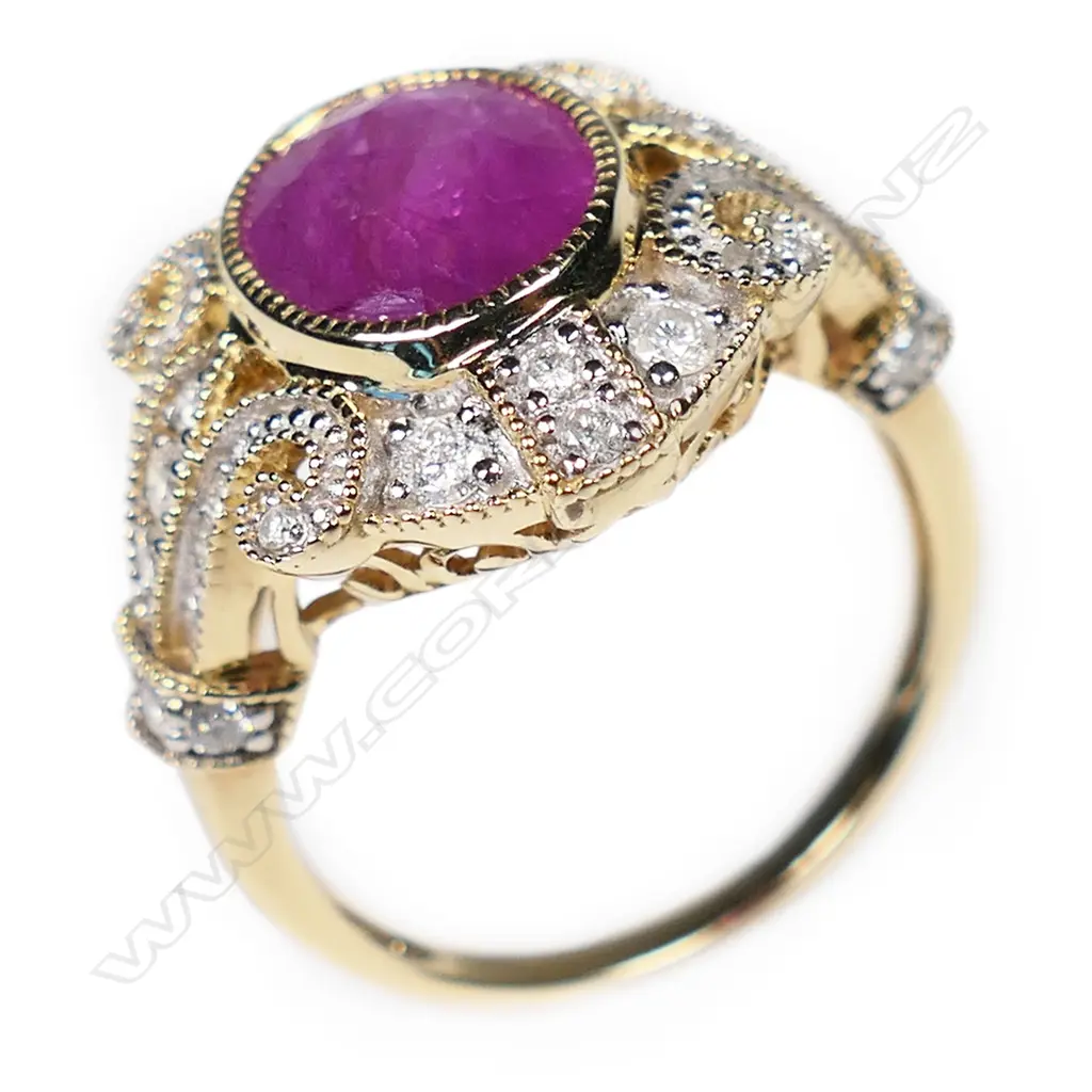 A 14ct gold ruby and diamond antique style ring, Image 1++