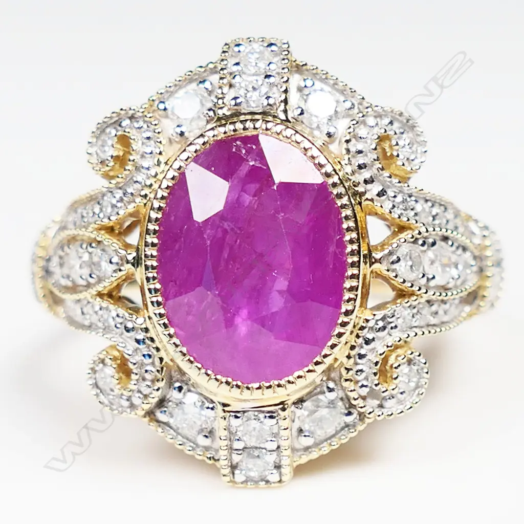A 14ct gold ruby and diamond antique style ring, Image 1++
