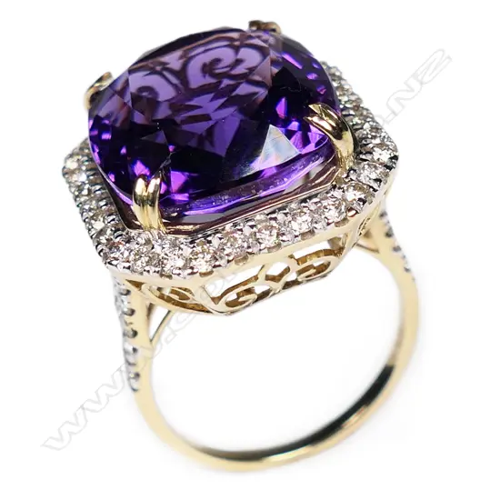 A 10ct gold amethyst and diamond cocktail ring,