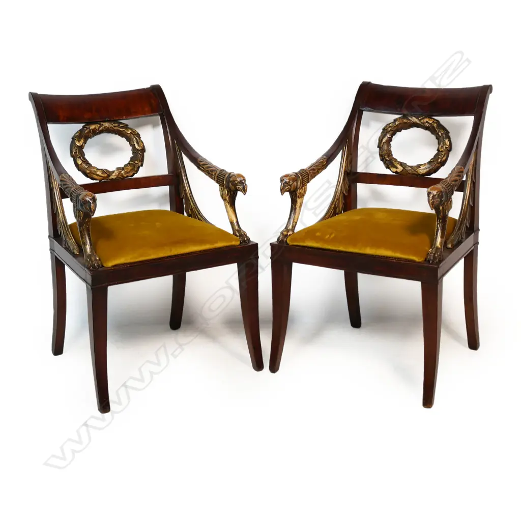 A quality pair of early 19thC Russian Empire mahogany fauteuil arm chairs, Image 1++