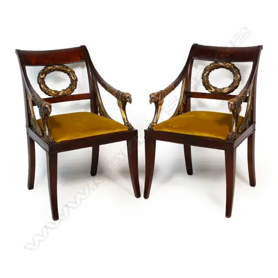 A quality pair of early 19thC Russian Empire mahogany fauteuil arm chairs,