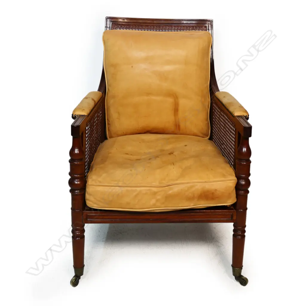 A vintage 20thC Regency style mahogany and leather Bergère chair, Image 1++