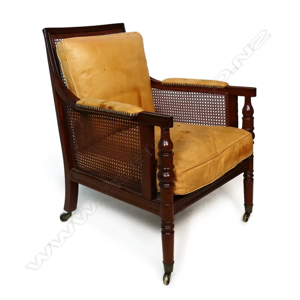 A vintage 20thC Regency style mahogany and leather Bergère chair, Image 1++