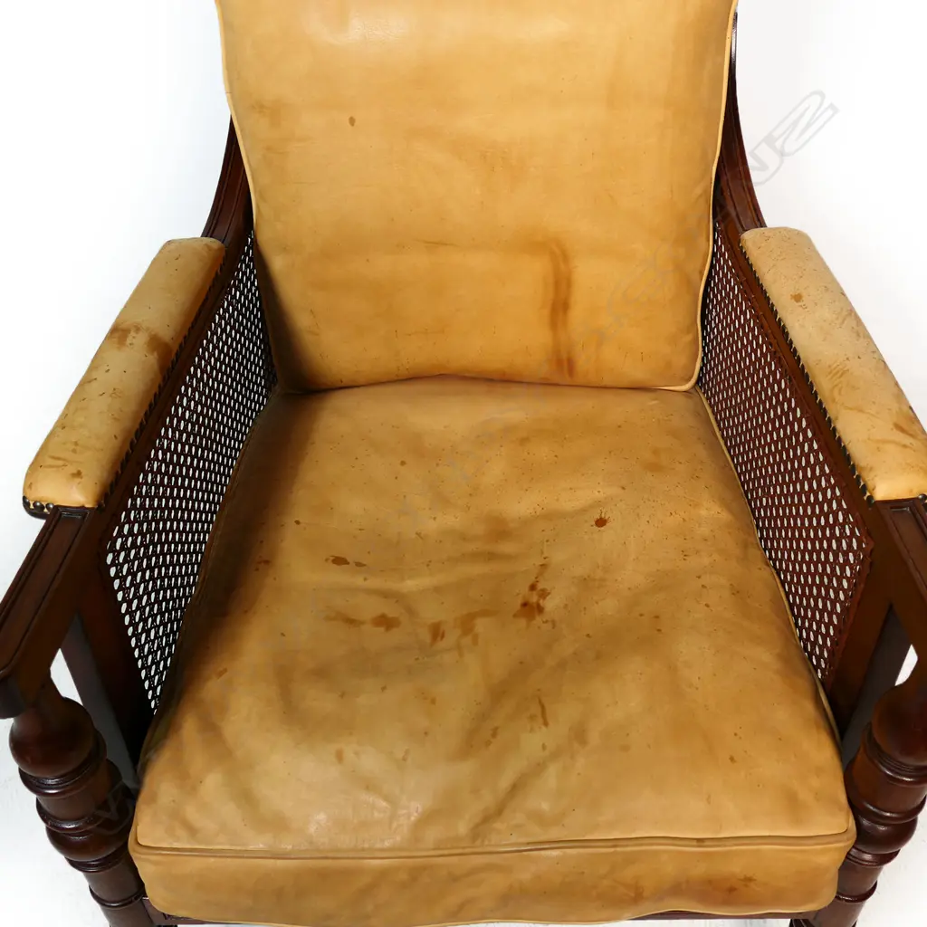 A vintage 20thC Regency style mahogany and leather Bergère chair, Image 1++